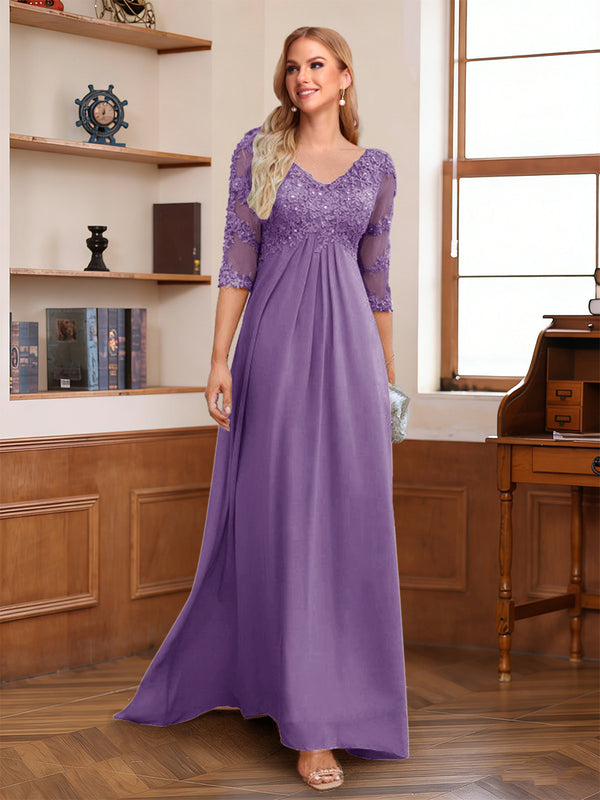 A-Line/Princess V-Neck Half Sleeves Floor-Length Mother of the Bride Dresses with Lace & Sequins