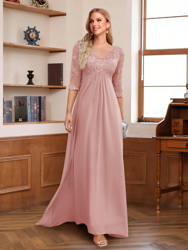 A-Line/Princess V-Neck Half Sleeves Floor-Length Mother of the Bride Dresses with Lace & Sequins