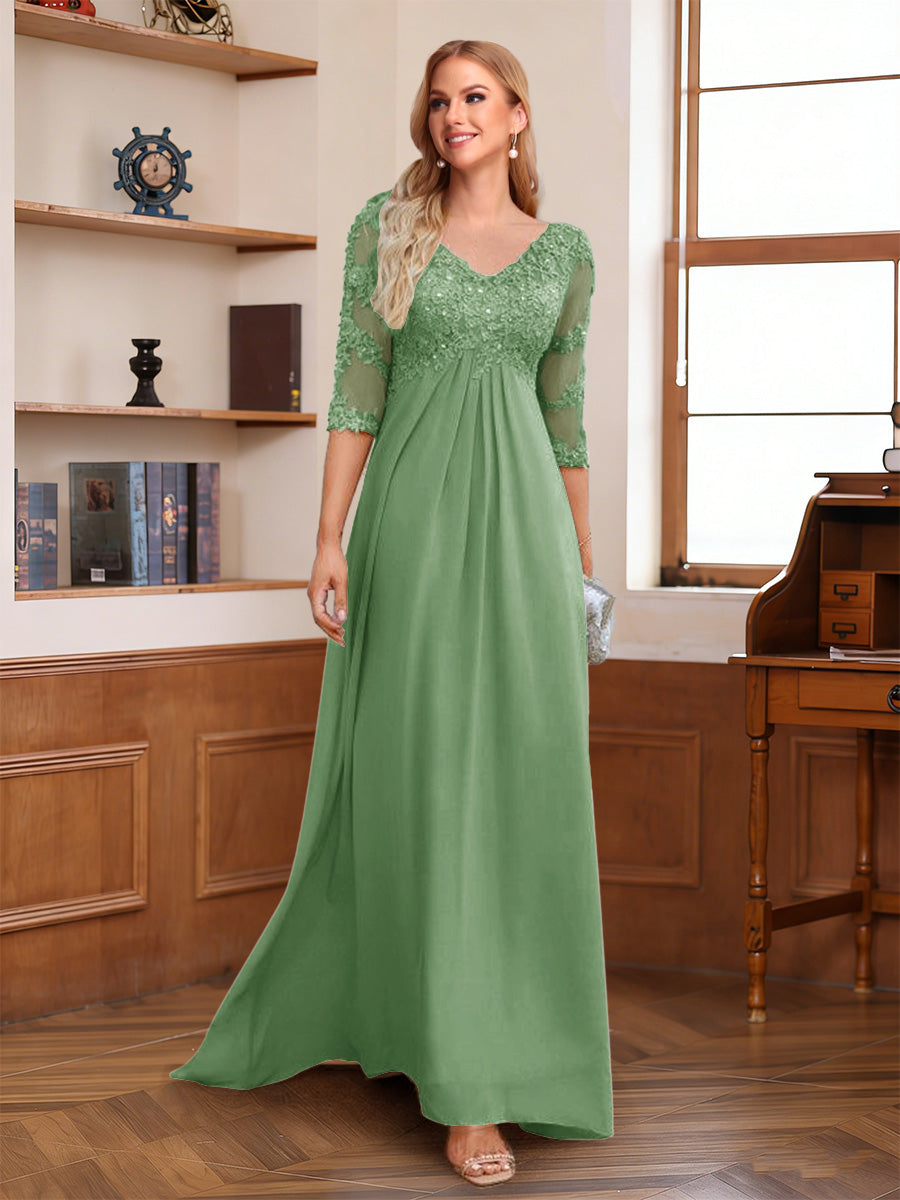 A-Line/Princess V-Neck Half Sleeves Floor-Length Mother of the Bride Dresses with Lace &amp; Sequins