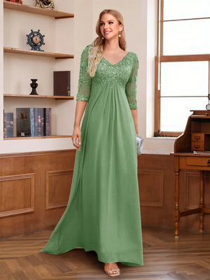 A-Line/Princess V-Neck Half Sleeves Floor-Length Mother of the Bride Dresses with Lace & Sequins