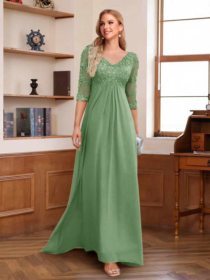 A-Line/Princess V-Neck Half Sleeves Floor-Length Mother of the Bride Dresses with Lace &amp; Sequins