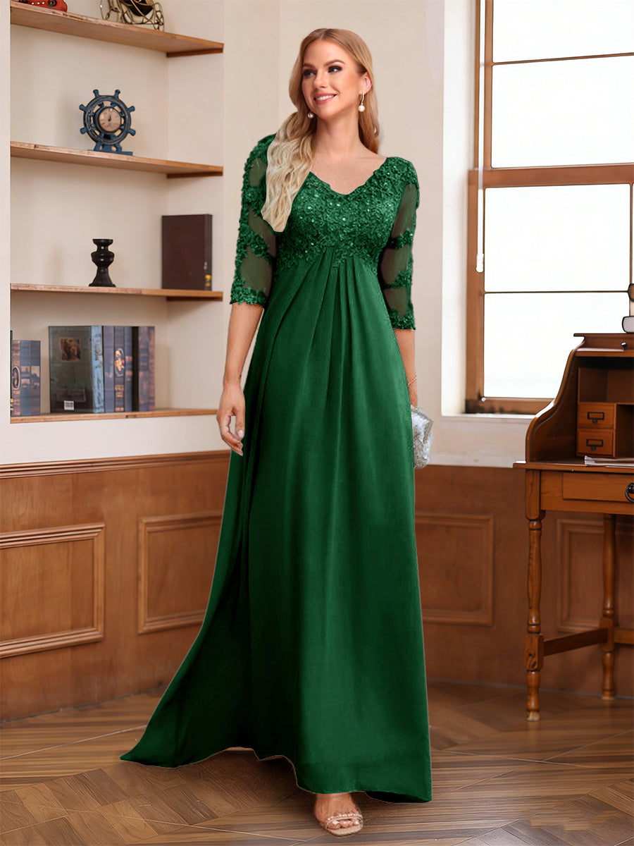 A-Line/Princess V-Neck Half Sleeves Floor-Length Mother of the Bride Dresses with Lace &amp; Sequins