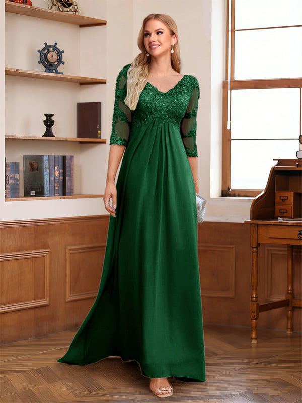 A-Line/Princess V-Neck Half Sleeves Floor-Length Mother of the Bride Dresses with Lace & Sequins