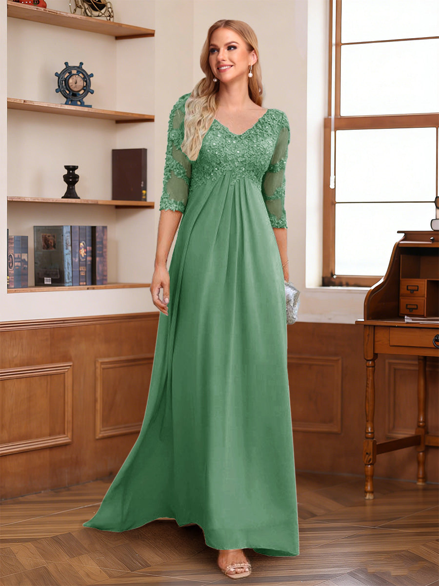 A-Line/Princess V-Neck Half Sleeves Floor-Length Mother of the Bride Dresses with Lace &amp; Sequins
