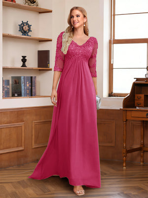 A-Line/Princess V-Neck Half Sleeves Floor-Length Mother of the Bride Dresses with Lace & Sequins