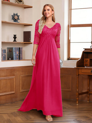 A-Line/Princess V-Neck Half Sleeves Floor-Length Mother of the Bride Dresses with Lace & Sequins