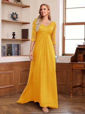 A-Line/Princess V-Neck Half Sleeves Floor-Length Mother of the Bride Dresses with Lace & Sequins