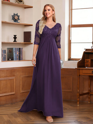 A-Line/Princess V-Neck Half Sleeves Floor-Length Mother of the Bride Dresses with Lace & Sequins