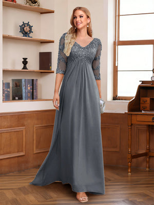 A-Line/Princess V-Neck Half Sleeves Floor-Length Mother of the Bride Dresses with Lace & Sequins