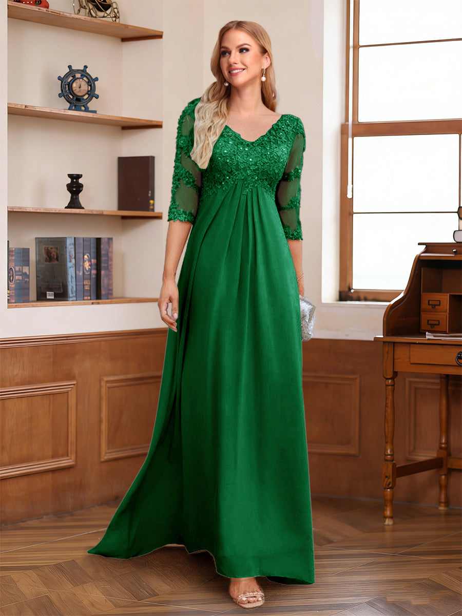 A-Line/Princess V-Neck Half Sleeves Floor-Length Mother of the Bride Dresses with Lace &amp; Sequins
