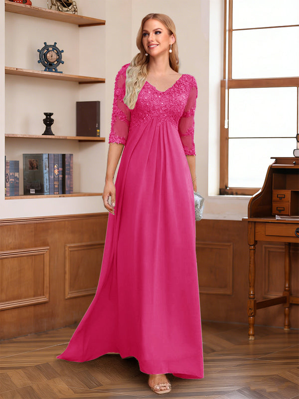 A-Line/Princess V-Neck Half Sleeves Floor-Length Mother of the Bride Dresses with Lace & Sequins