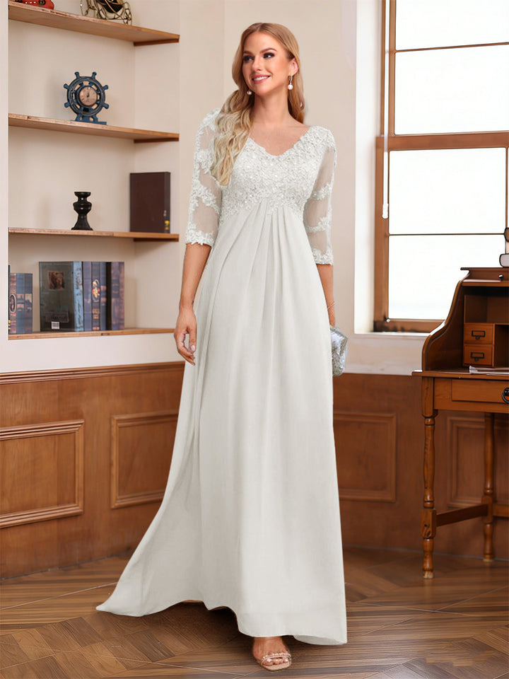 A-Line/Princess V-Neck Half Sleeves Floor-Length Mother of the Bride Dresses with Lace &amp; Sequins