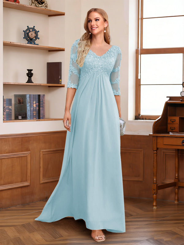 A-Line/Princess V-Neck Half Sleeves Floor-Length Mother of the Bride Dresses with Lace & Sequins
