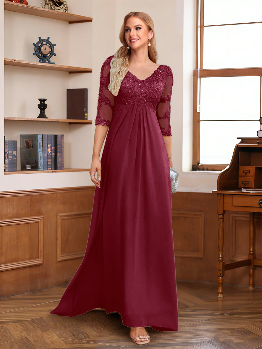A-Line/Princess V-Neck Half Sleeves Floor-Length Mother of the Bride Dresses with Lace &amp; Sequins