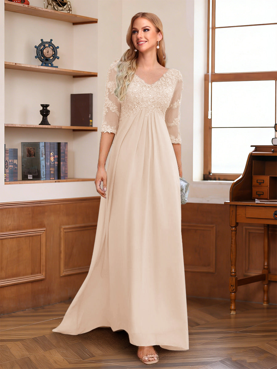 A-Line/Princess V-Neck Half Sleeves Floor-Length Mother of the Bride Dresses with Lace &amp; Sequins