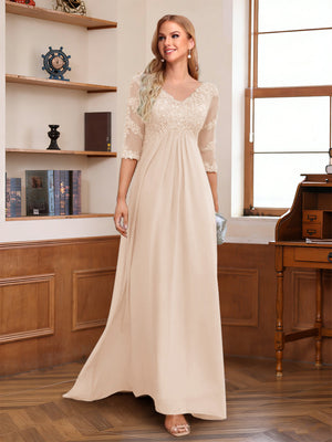 A-Line/Princess V-Neck Half Sleeves Floor-Length Mother of the Bride Dresses with Lace & Sequins