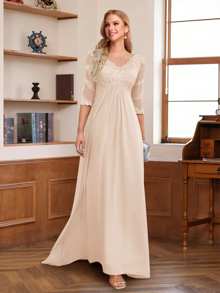 A-Line/Princess V-Neck Half Sleeves Floor-Length Mother of the Bride Dresses with Lace &amp; Sequins