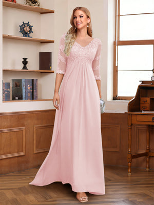 A-Line/Princess V-Neck Half Sleeves Floor-Length Mother of the Bride Dresses with Lace & Sequins