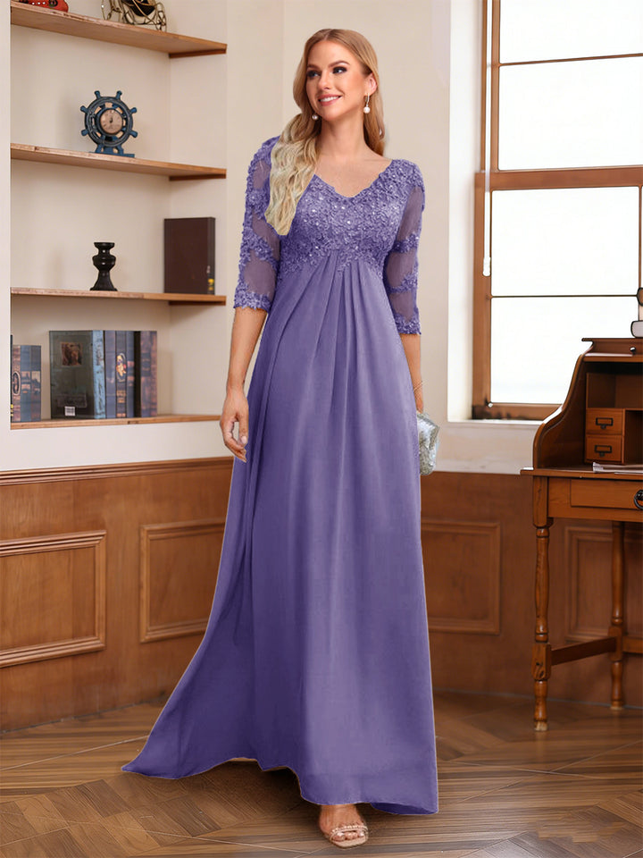 A-Line/Princess V-Neck Half Sleeves Floor-Length Mother of the Bride Dresses with Lace &amp; Sequins