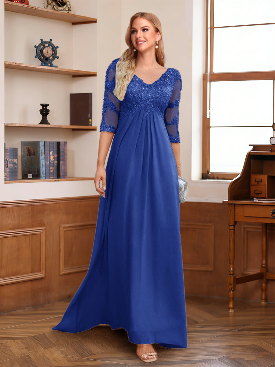 A-Line/Princess V-Neck Half Sleeves Floor-Length Mother of the Bride Dresses with Lace &amp; Sequins