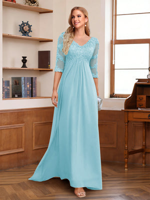 A-Line/Princess V-Neck Half Sleeves Floor-Length Mother of the Bride Dresses with Lace & Sequins