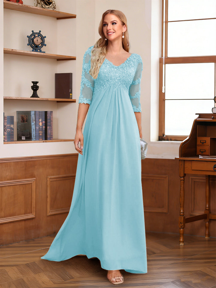 A-Line/Princess V-Neck Half Sleeves Floor-Length Mother of the Bride Dresses with Lace &amp; Sequins