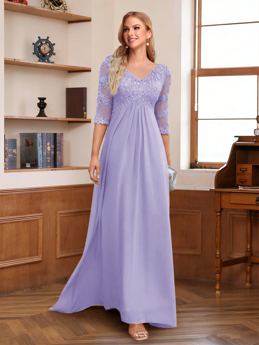 A-Line/Princess V-Neck Half Sleeves Floor-Length Mother of the Bride Dresses with Lace &amp; Sequins