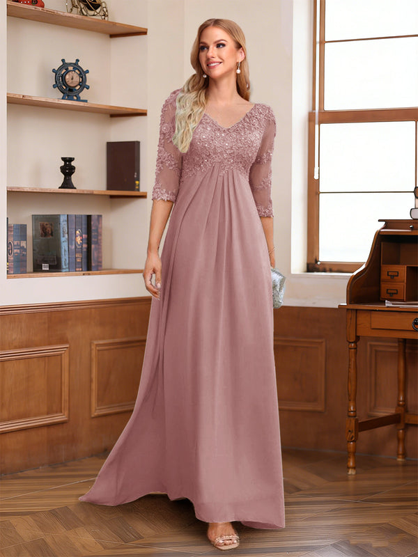 A-Line/Princess V-Neck Half Sleeves Floor-Length Mother of the Bride Dresses with Lace & Sequins