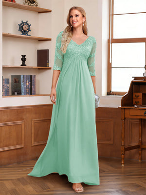 A-Line/Princess V-Neck Half Sleeves Floor-Length Mother of the Bride Dresses with Lace & Sequins