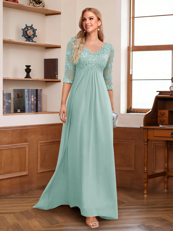 A-Line/Princess V-Neck Half Sleeves Floor-Length Mother of the Bride Dresses with Lace & Sequins