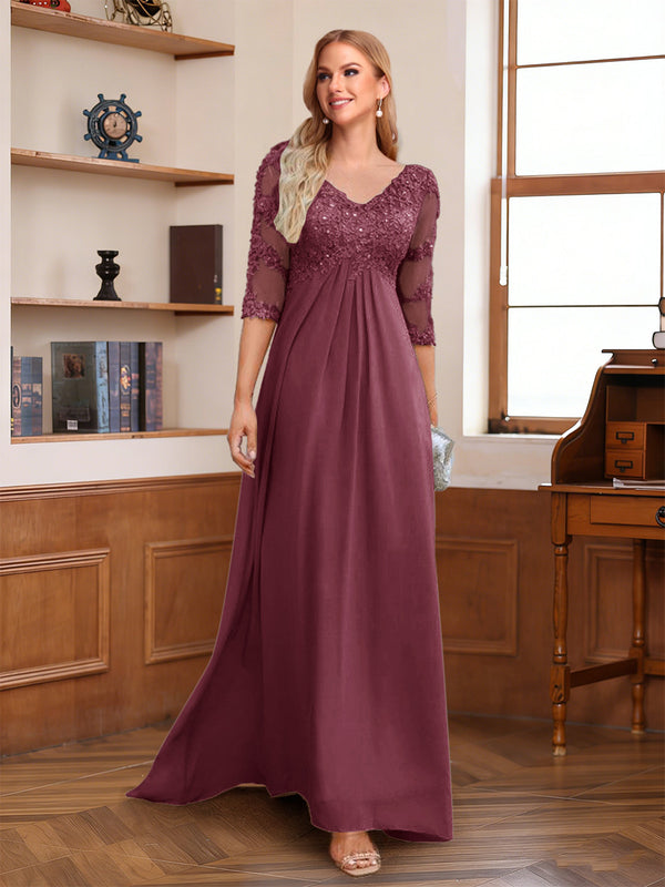 A-Line/Princess V-Neck Half Sleeves Floor-Length Mother of the Bride Dresses with Lace & Sequins