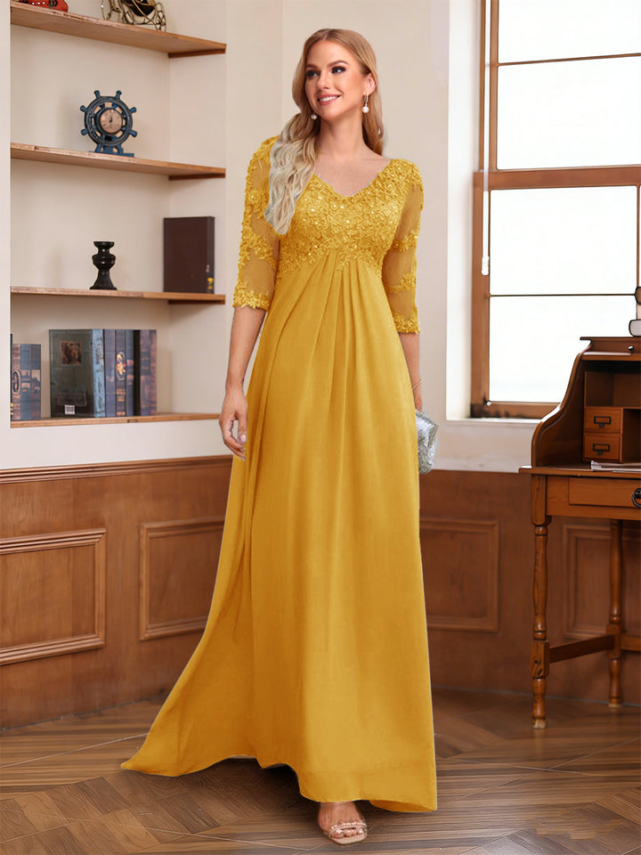 A-Line/Princess V-Neck Half Sleeves Floor-Length Mother of the Bride Dresses with Lace &amp; Sequins