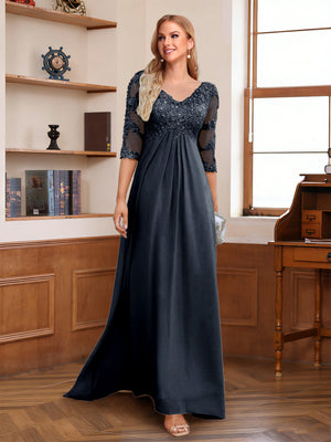 A-Line/Princess V-Neck Half Sleeves Floor-Length Mother of the Bride Dresses with Lace & Sequins