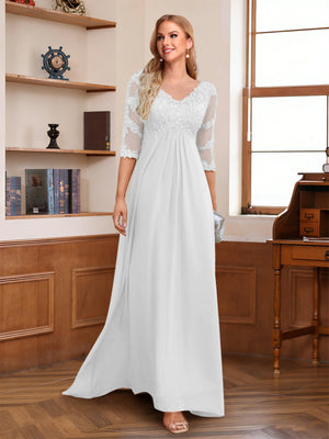 A-Line/Princess V-Neck Half Sleeves Floor-Length Mother of the Bride Dresses with Lace & Sequins