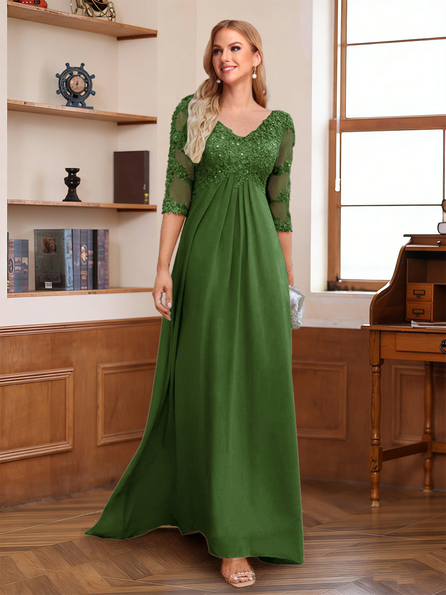 A-Line/Princess V-Neck Half Sleeves Floor-Length Mother of the Bride Dresses with Lace &amp; Sequins