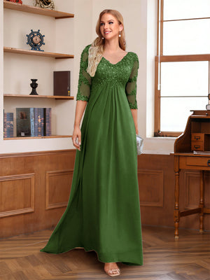 A-Line/Princess V-Neck Half Sleeves Floor-Length Mother of the Bride Dresses with Lace & Sequins