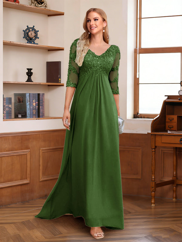 A-Line/Princess V-Neck Half Sleeves Floor-Length Mother of the Bride Dresses with Lace & Sequins