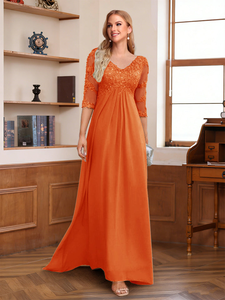 A-Line/Princess V-Neck Half Sleeves Floor-Length Mother of the Bride Dresses with Lace &amp; Sequins