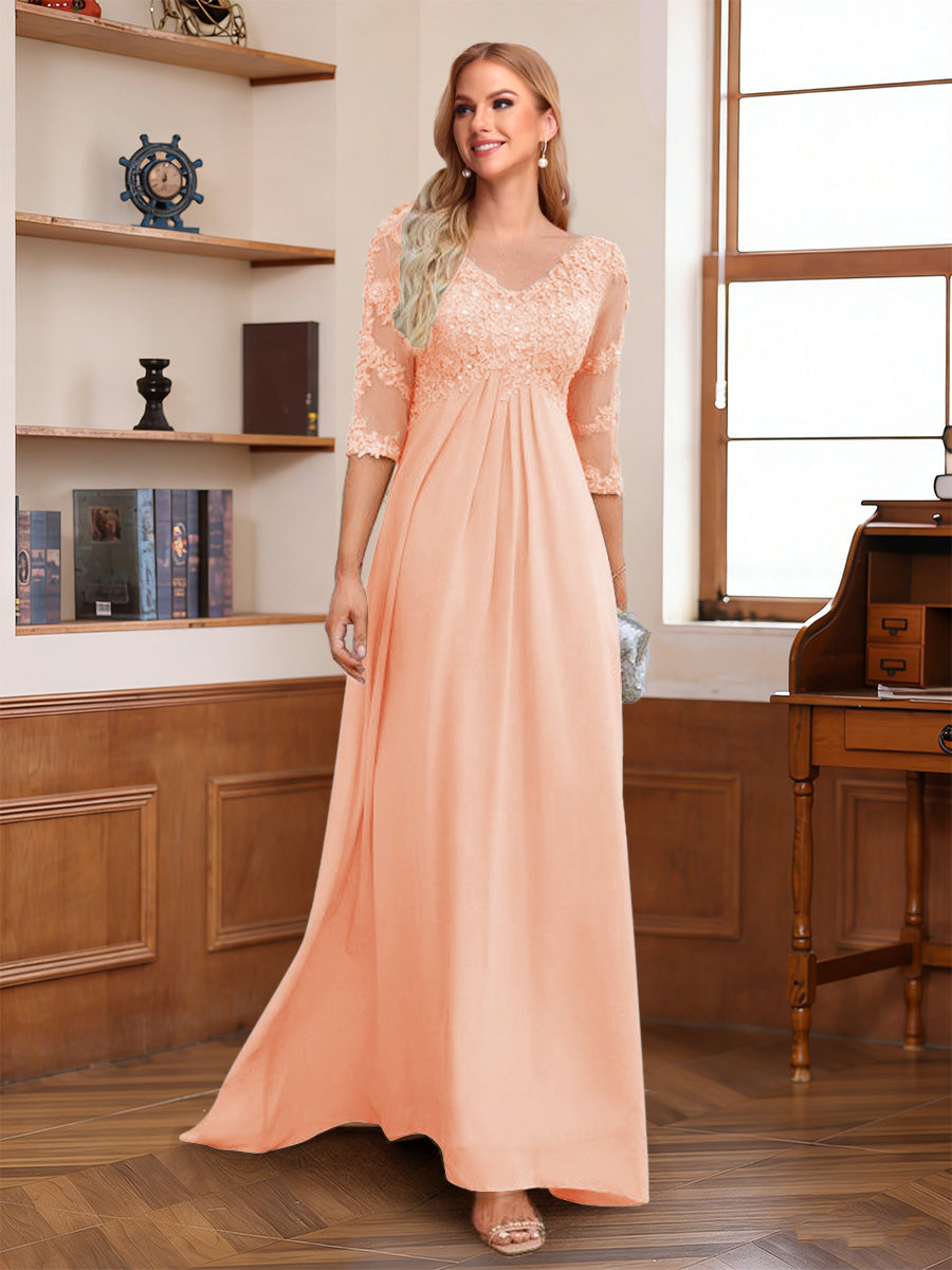 A-Line/Princess V-Neck Half Sleeves Floor-Length Mother of the Bride Dresses with Lace &amp; Sequins