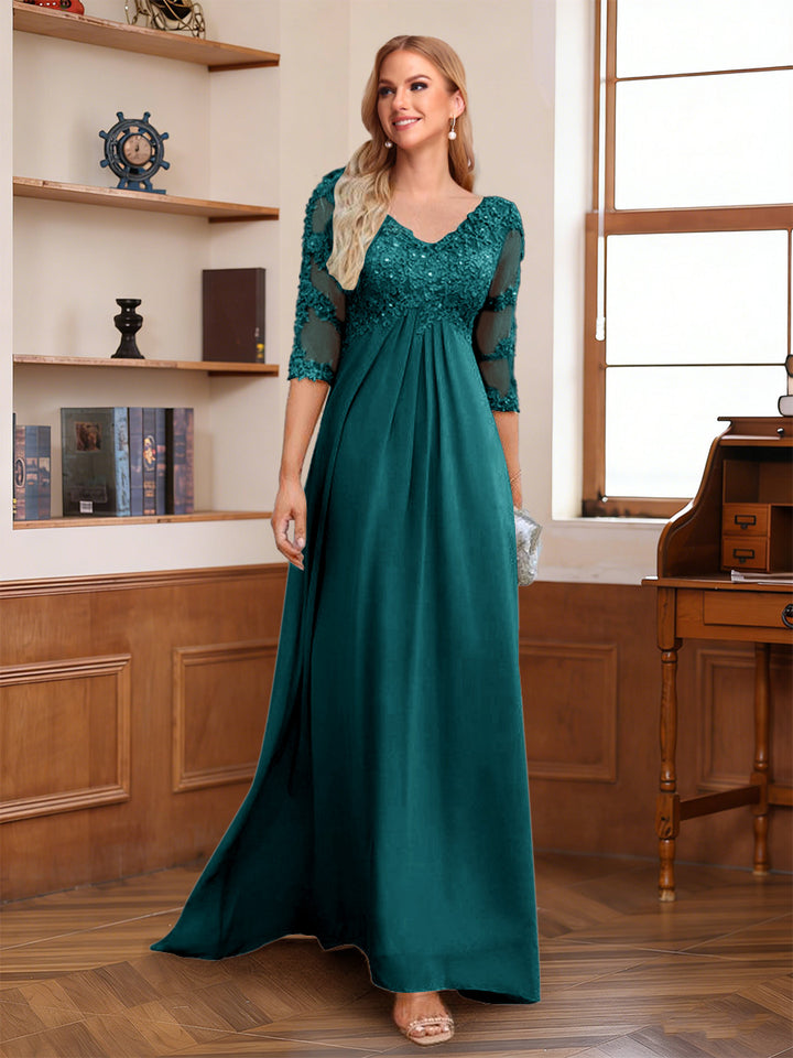 A-Line/Princess V-Neck Half Sleeves Floor-Length Mother of the Bride Dresses with Lace &amp; Sequins