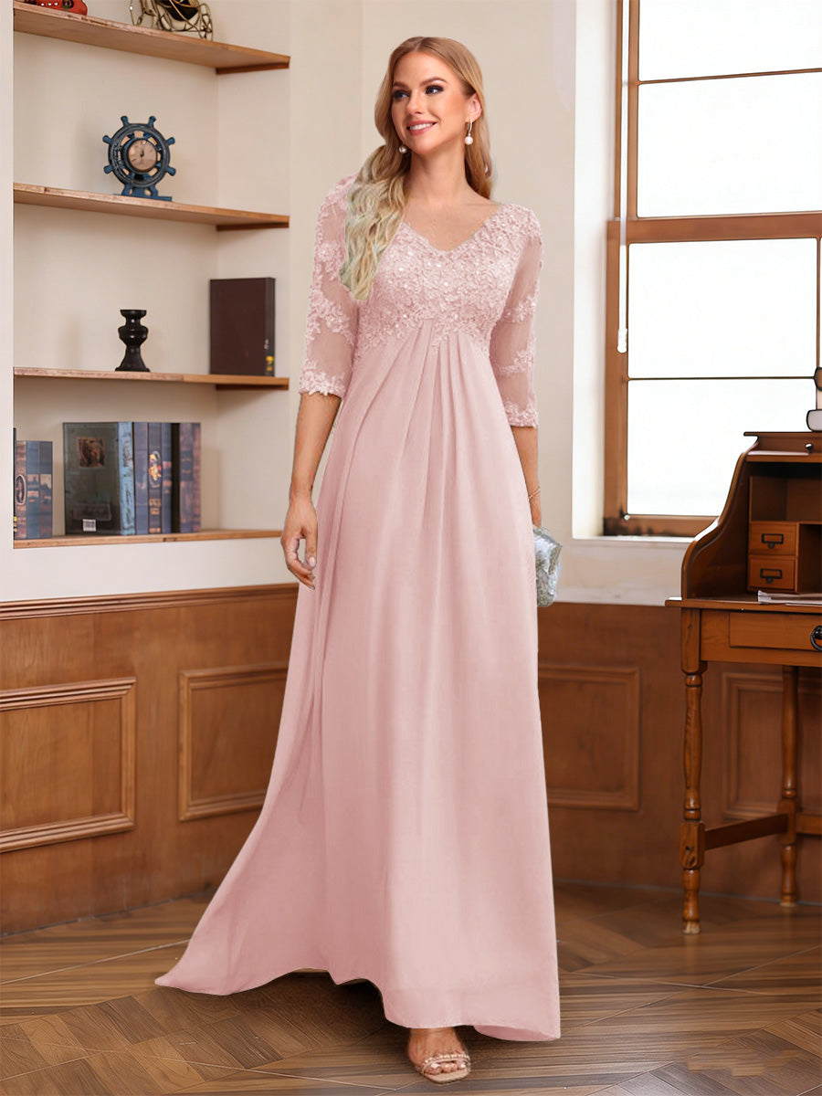 A-Line/Princess V-Neck Half Sleeves Floor-Length Mother of the Bride Dresses with Lace &amp; Sequins