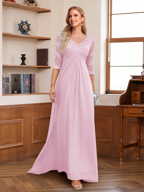 A-Line/Princess V-Neck Half Sleeves Floor-Length Mother of the Bride Dresses with Lace & Sequins