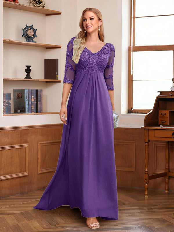 A-Line/Princess V-Neck Half Sleeves Floor-Length Mother of the Bride Dresses with Lace & Sequins