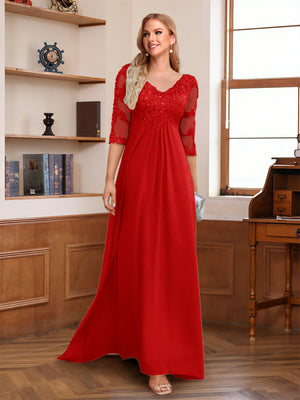 A-Line/Princess V-Neck Half Sleeves Floor-Length Mother of the Bride Dresses with Lace & Sequins