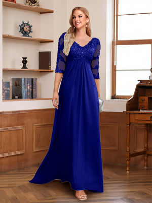 A-Line/Princess V-Neck Half Sleeves Floor-Length Mother of the Bride Dresses with Lace & Sequins
