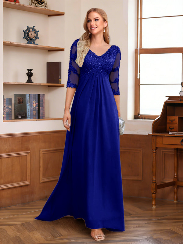 A-Line/Princess V-Neck Half Sleeves Floor-Length Mother of the Bride Dresses with Lace & Sequins