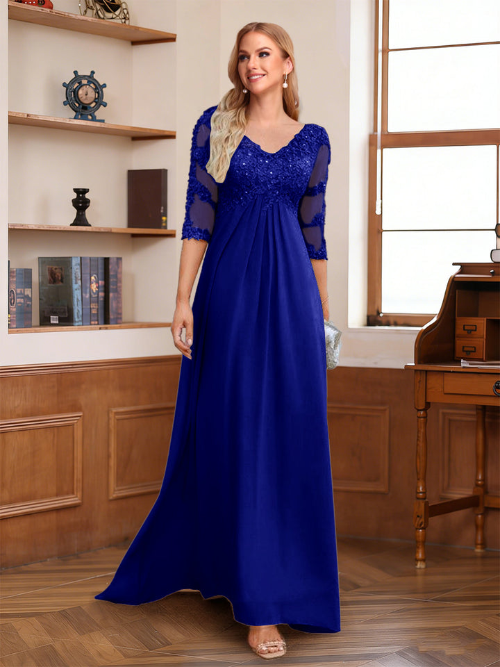 A-Line/Princess V-Neck Half Sleeves Floor-Length Mother of the Bride Dresses with Lace &amp; Sequins