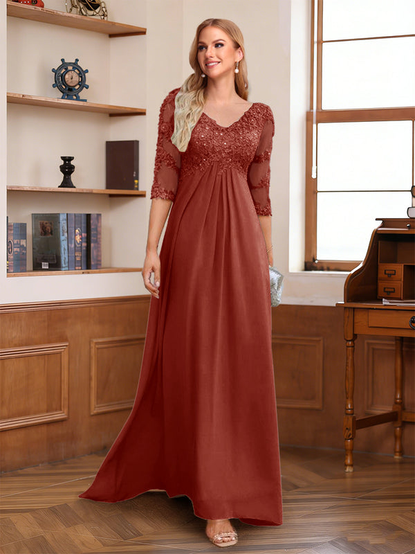 A-Line/Princess V-Neck Half Sleeves Floor-Length Mother of the Bride Dresses with Lace & Sequins