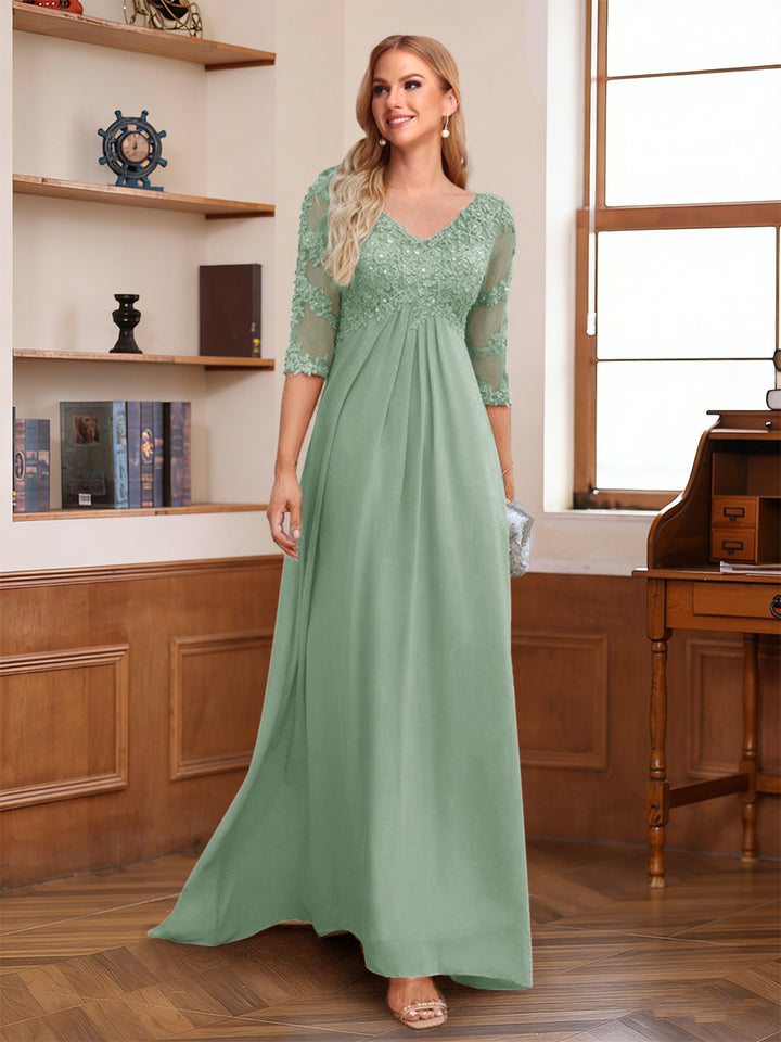 A-Line/Princess V-Neck Half Sleeves Floor-Length Mother of the Bride Dresses with Lace &amp; Sequins