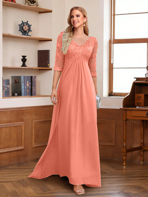 A-Line/Princess V-Neck Half Sleeves Floor-Length Mother of the Bride Dresses with Lace & Sequins